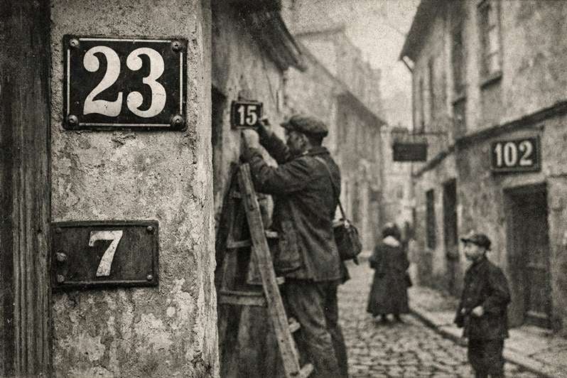 Historická fotografia domov so starými popisnými číslami
